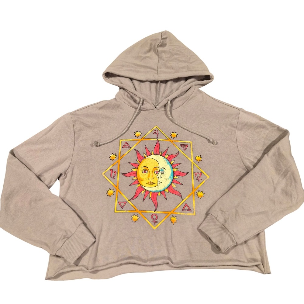 Mighty Fine Sun Moon Celestial Astrological Cropped Hoodie Gray Medium